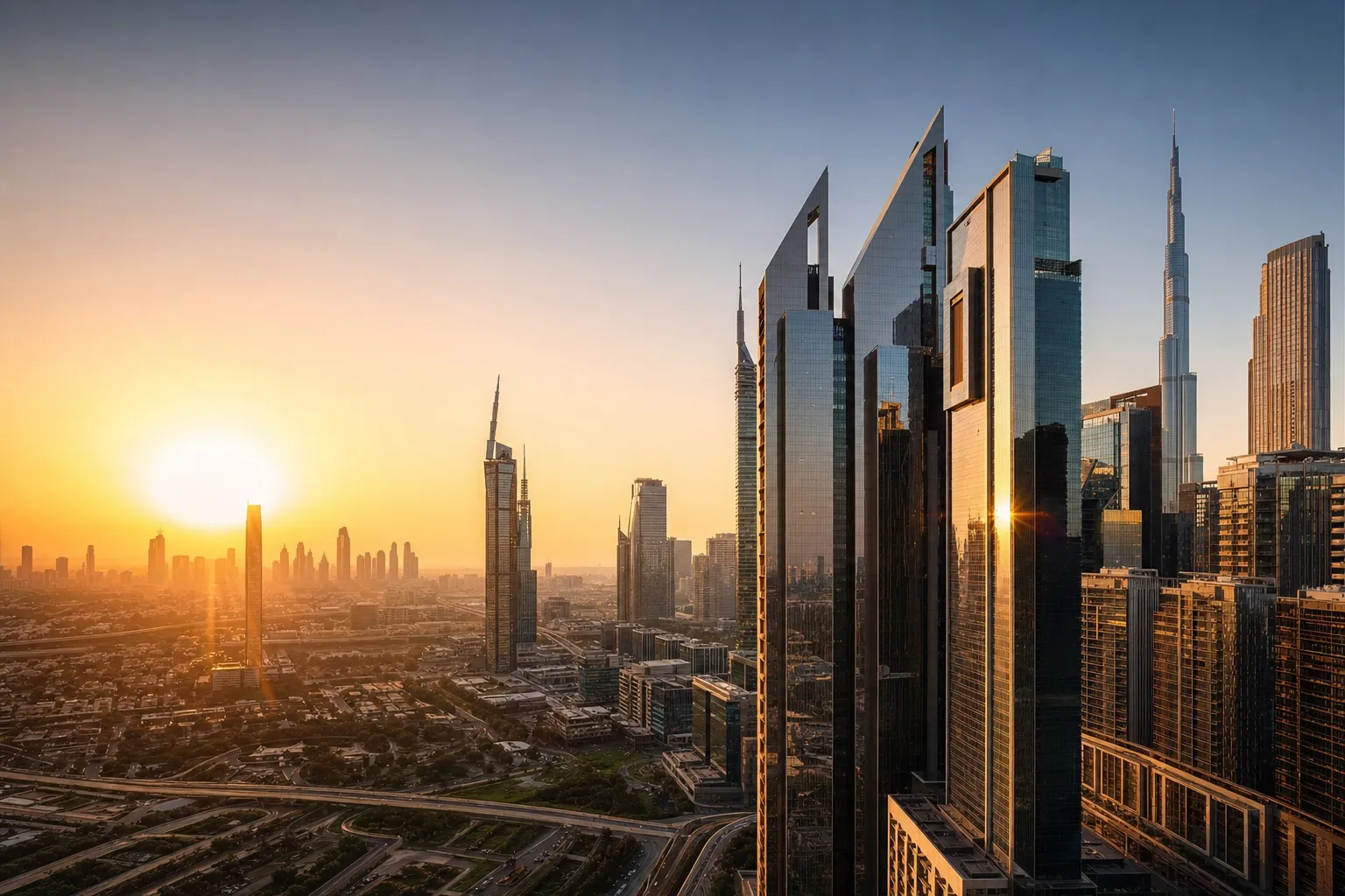 Dubai skyline at golden hour