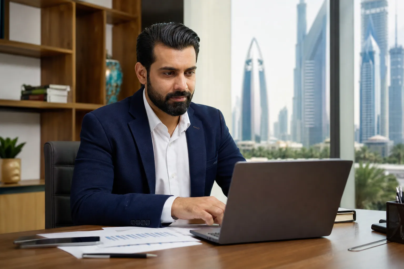 Business professional reviewing finances in an office